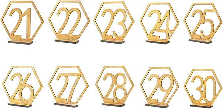 10 Pcs Wooden Table Numbers, Hexagon Hollow Out Table Number,Wedding Place Cards, Wood Numbers Place Cards with Holder Base Standing Wood Wedding Decorations, Gold21-30