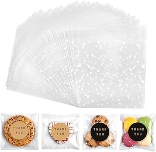 Zezzxu 400pcs Self Adhesive Cookie Bags with Thank You Stickers, Plastic Cellophane Bags, Treats Bags for Packaging Candy Party Favor (4 x 4 Inches)