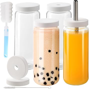 YBCPACK 4 Pack 500ml Glass Juice Bottles with Lids and Straws - Food Grade Glass Drinking Bottle Ideal for Refreshing Iced Coffee, Smoothie, Boba and Bubble Tea
