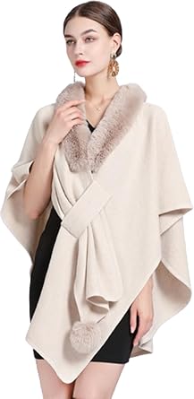 Womens Faux Fur Shawl Wrap Stole Knit Cardigan Cape Shawl Bridal Open Front Poncho Cloak Large Scarf Blanket Coat