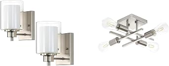 2 Pack Brushed Nickel Bath Vanity Light Fixtures 1-Light with 4-Light Brushed Nickel Semi Flush Mount Ceiling Light Fixture