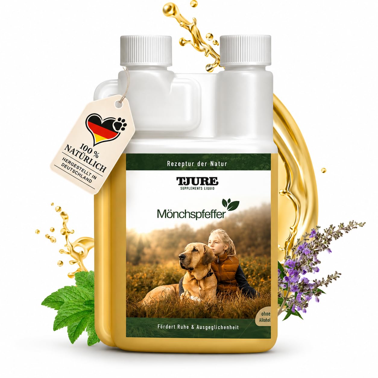 TJURE Mönchspfeffer Liquid für Hunde | 500 ml | Ergänzungsfuttermittel für Hunde mit Mönchspfeffer | Pflanzliche Rezeptur zur Unterstützung in besonderen Phasen | Made in Germany
