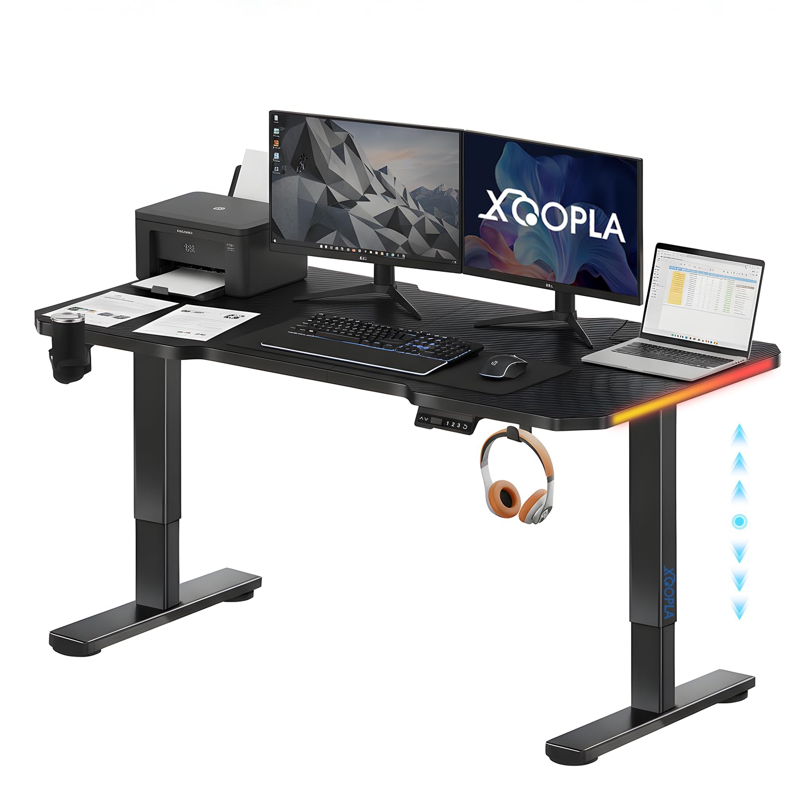 Xoopla Standing Desk Height Adjustable Desk, Electric Lifting Table with RGB LED Lights, 3 Memory Presets, Ergonomic Computer Table for Home Office & Gaming（black, 120 x 60cm） Two-Piece Desktop with RGB Light 120x60CM