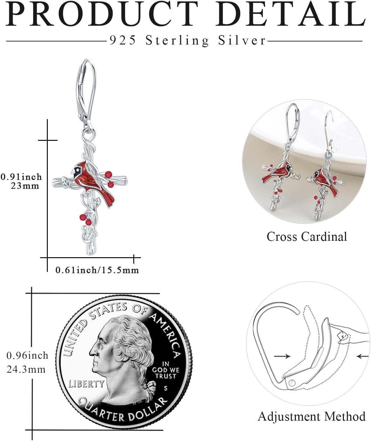 Cardinal Earrings 925 Sterling Silver Cross Cardinal Earrings Red Bird Earrings for Women Hypoallergenic Memorial Sympathy Cardinal Jewelry Gift