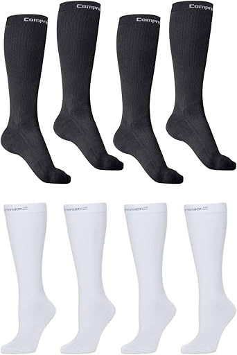 CompressionZ 30-40 mmHg Knee High Compression Socks Bundle, 2-Pack Black + 2-Pack White Medium Firm Graduated Support for Travel, Nurses, Athletes, Circulation & Leg Relief