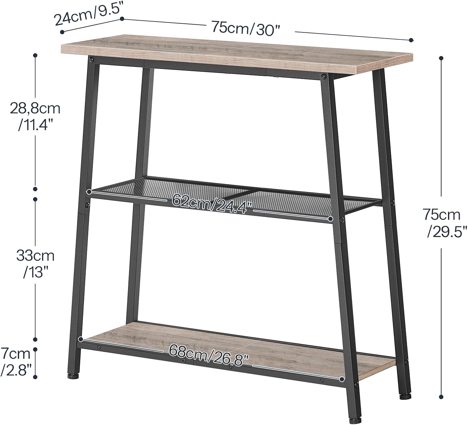 HOOBRO 30" Narrow Console Table, 3-Tier Small Entryway Table with Storage Shelves, Behind Couch Sofa Table, Hallway Table for Entryway, Foyer, Hallway, Living Room, Greige and Black BG62XG01