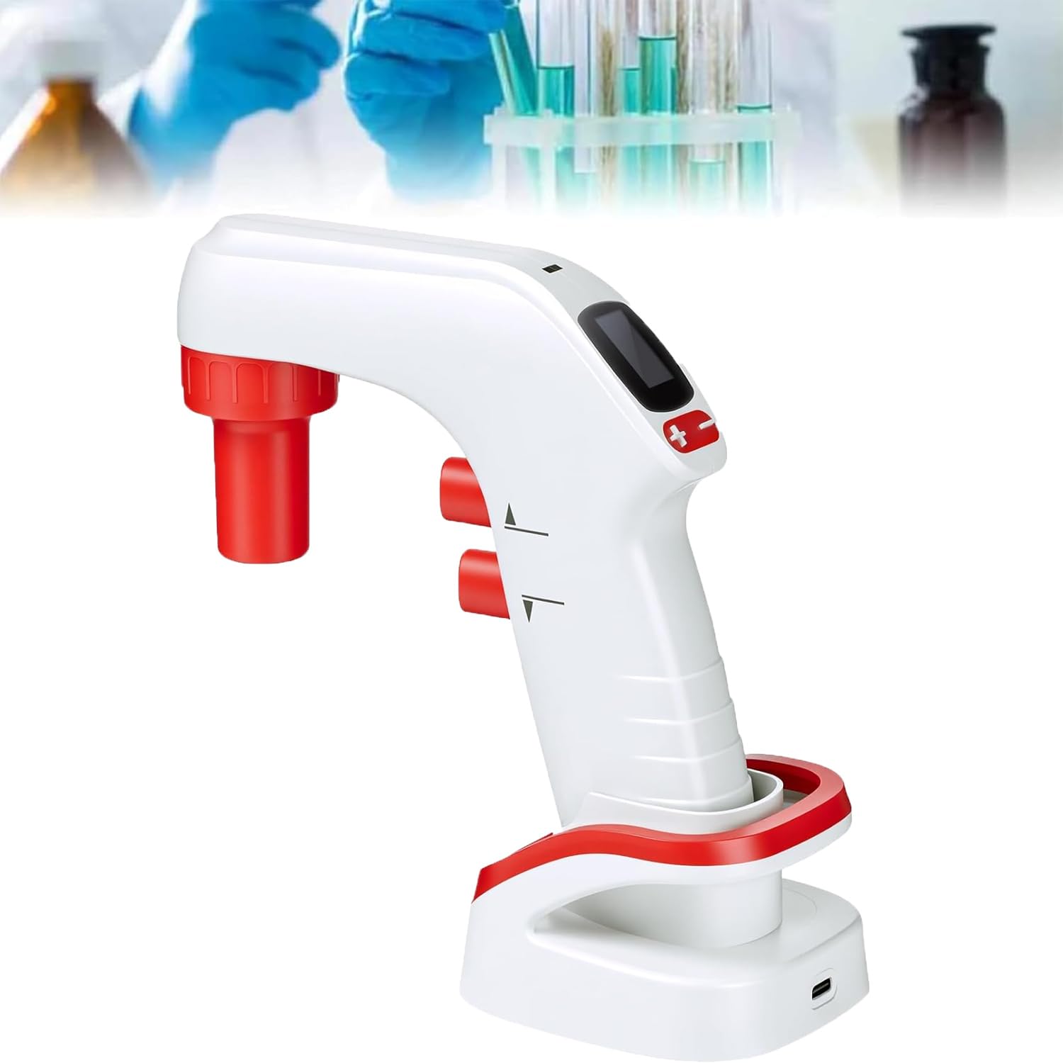Bomba de pipeta electrónica de laboratorio, controlador de pipeta eléctrico con soporte de pie y pantalla LCD, 2 modos de drenaje y 6 niveles de velocidad ajustable/rango de capacidad de 0,1 a 100 ml