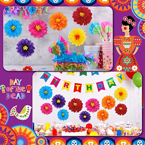 Geyee 108 Pcs Mexican Paper Flowers Colorful Fiesta Tissue Paper Flowers Pom Poms Mexican Carnival for Floral Party Backdrop Wedding Birthday Party Craft (6\" 8\" 10\")