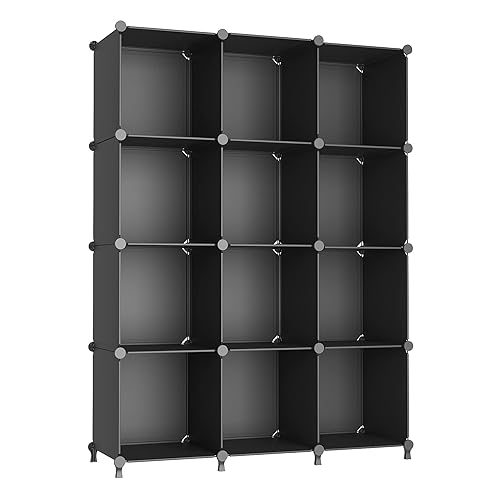 AWTATOS Cube Storage Organizer Closet Storage Shelves DIY Stackable Plastic Storage 12 Cube Bookshelf, Ideal Storage Organizer for Closet, Home, Bedroom, Black - Black