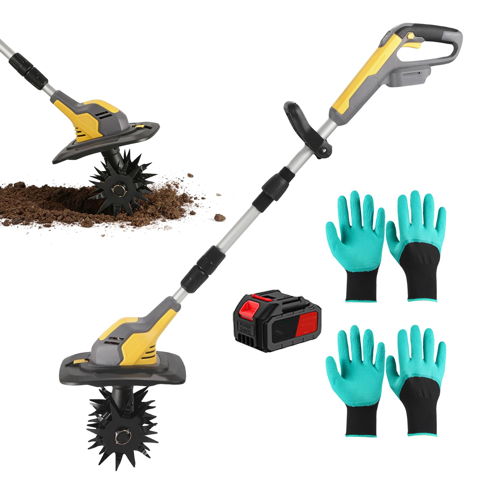 Cultivador De Jardín Eléctrico, Cultivador De Tierra Inalámbrico De 2000 mAh con Profundidad De Labranza De 17,8 cm Y Ancho De Labranza De 22,8 cm, Rotavator Portátil para Aflojar La Tierra 1battery