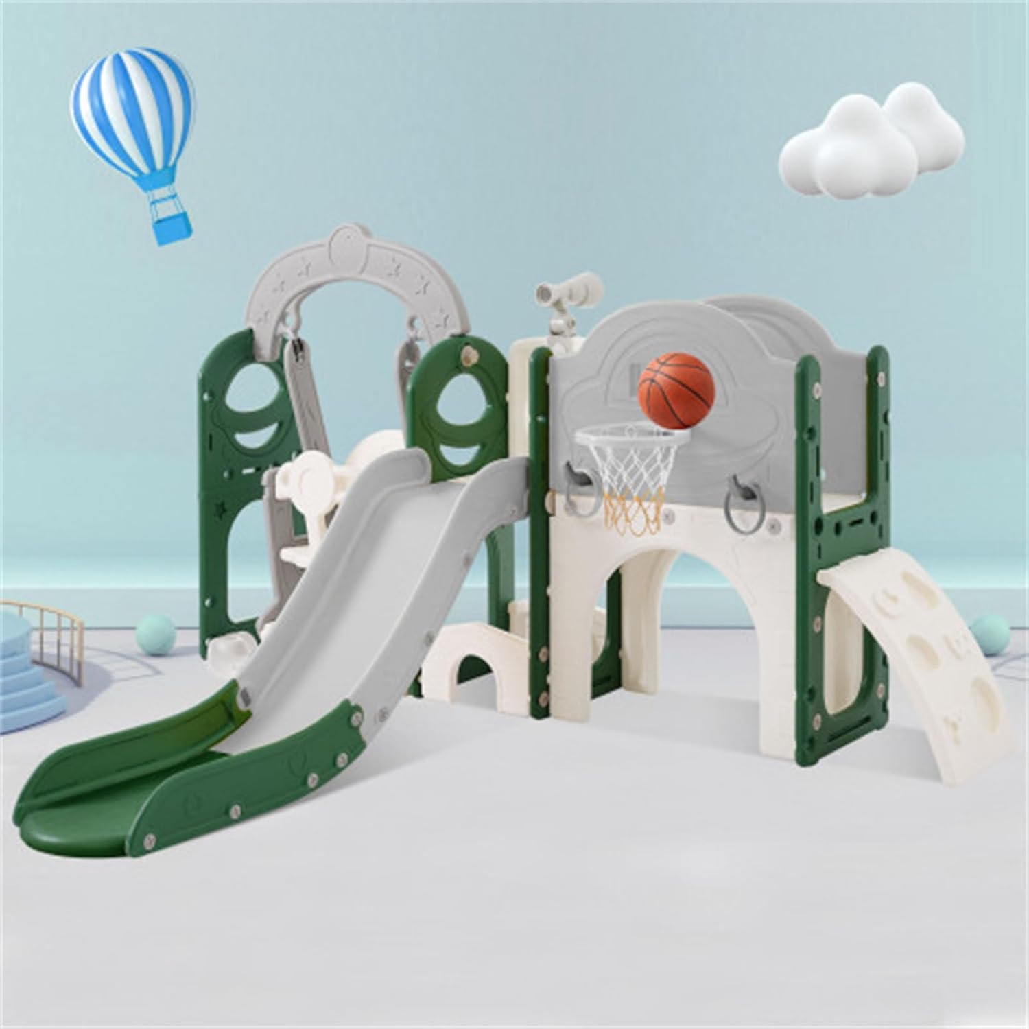 Green 8 in 1 Kids Slide and Swing Set, Kids Playground, Climbing Slide Toy Set with Basketball Stand, Independent Combination for Kids, Indoor and Outdoor use