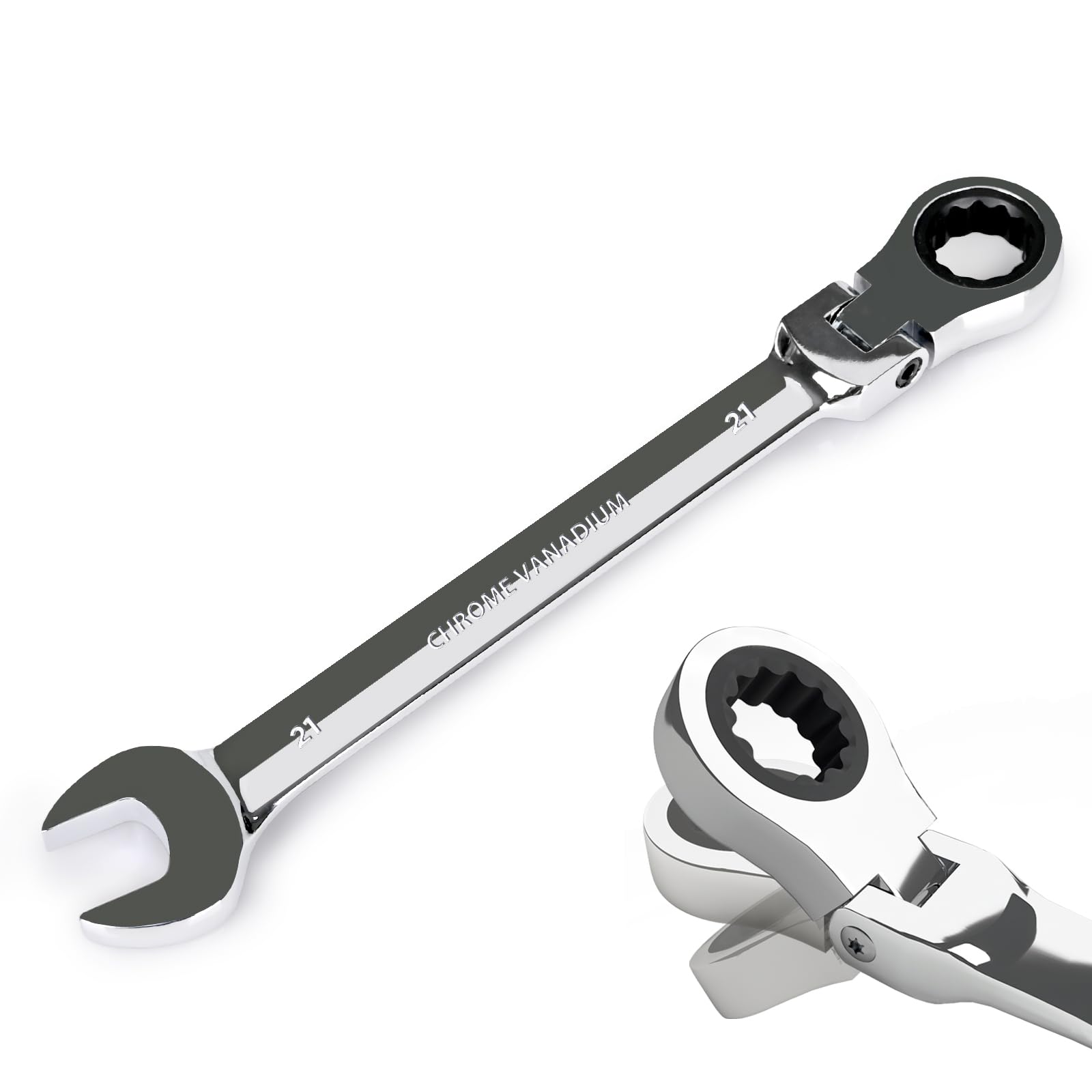 EGOFINE 21mm Adjustable Spanner Flex Head, Ratchet Spanner Metric, Industrial Grade Gear Wrench with 12 Point Box End, 72-Teeth Ratchet, Chrome Vanadium Steel