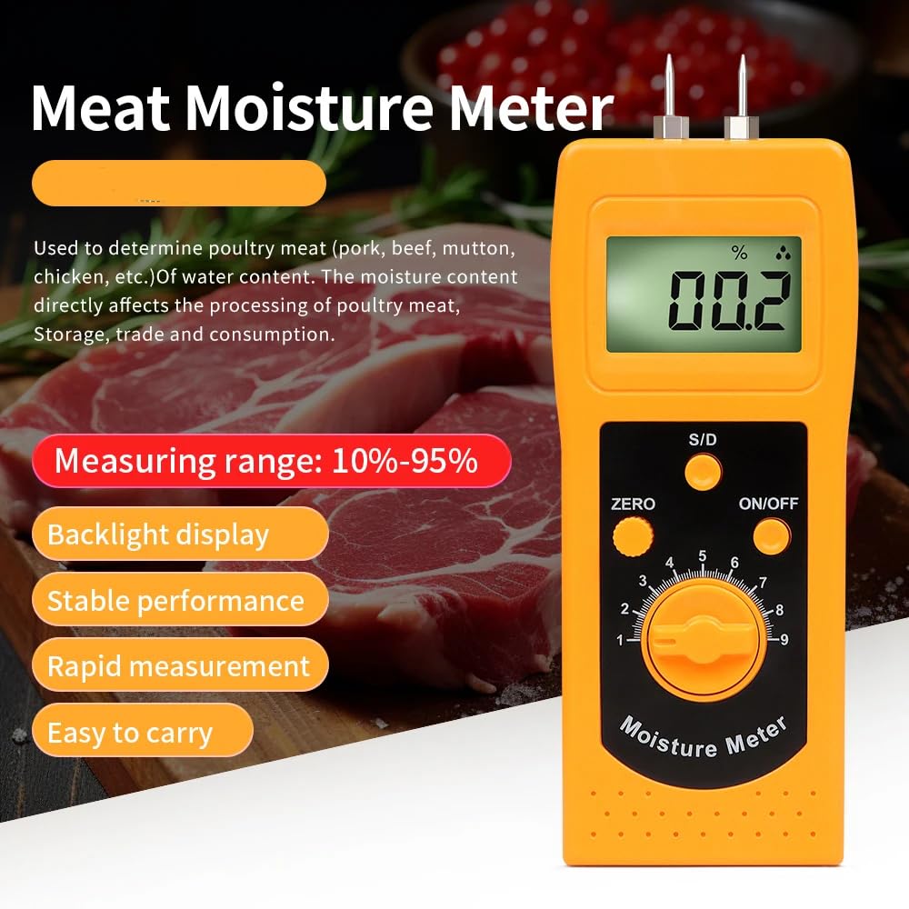Portable Meat Moisture Meter Pork Moisture Analyzer Measurement for Fresh Meat Pork Beef Lamb Chicken with Measuring Range 10 to 90% Accuracy 0.1 LCD Display