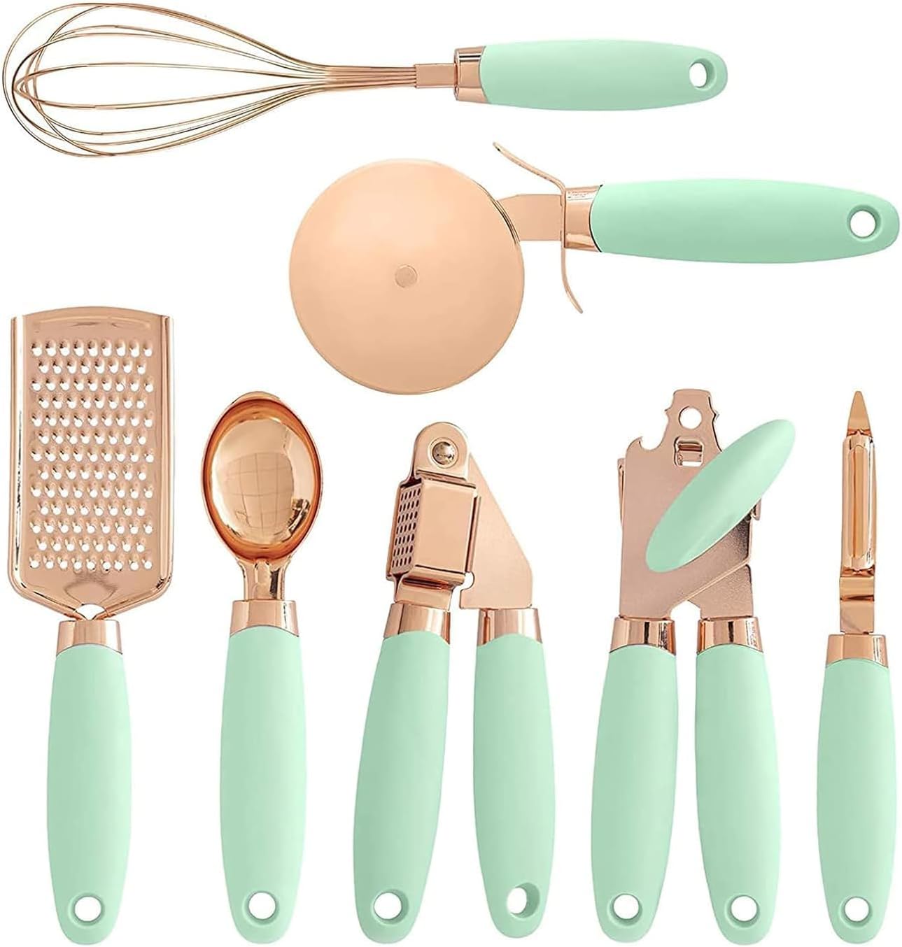Kitchen Utensils Tools 7 Pcs 100% Pure Copper with Soft Silicone Touch Handles, Kitchen Gadget Set, Can Opener,Pizza Cutter,Ice-cream Scoop,Cheese Grater,Peeler,Garlic Press,Whisk