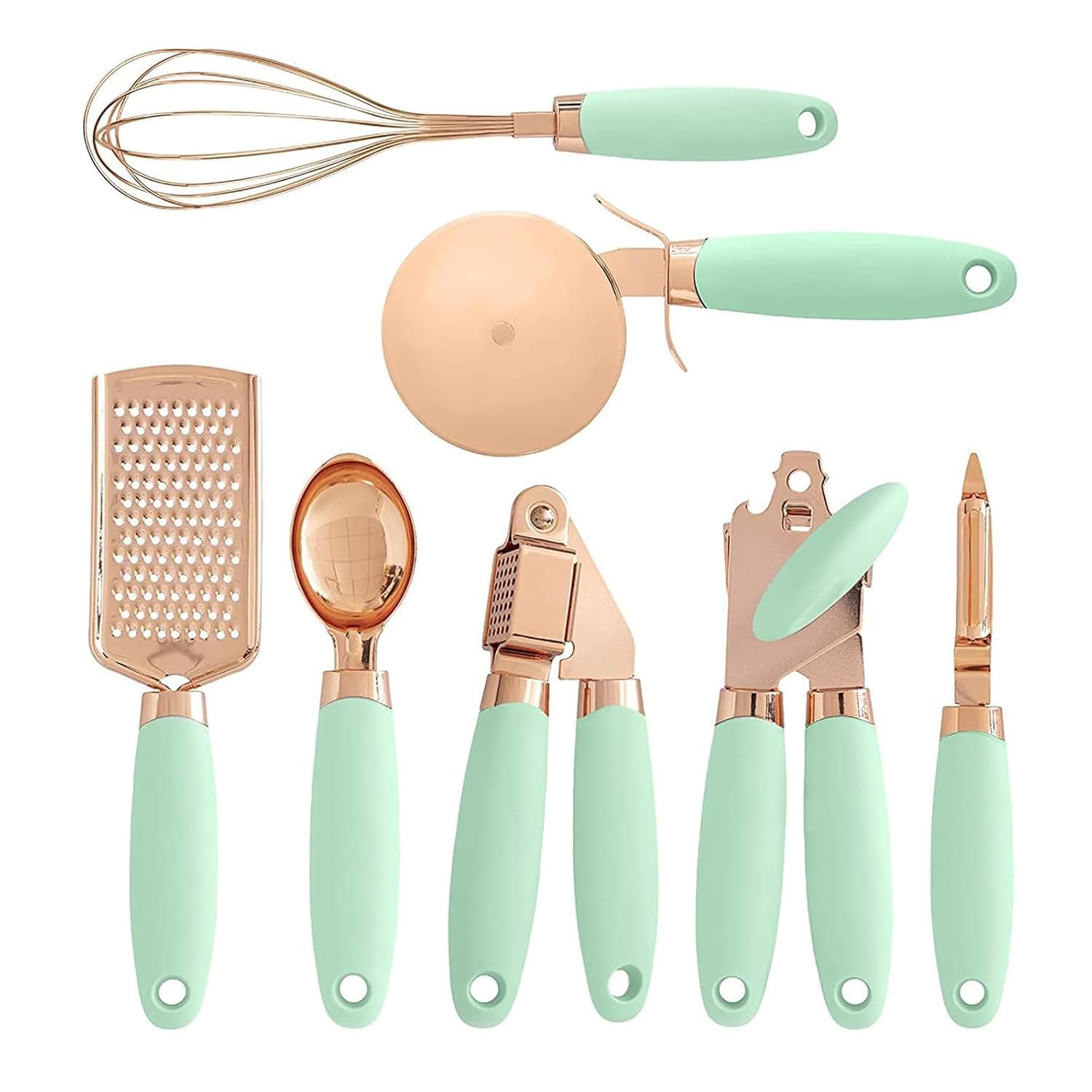Küchenutensilien-Werkzeuge, 7-teilig, 100 % reines Kupfer mit weichen Silikon-Griffen, Küchenhelfer-Set, Dosenöffner, Pizzaschneider, Eisportionierer, Käsereibe, Schäler, Knoblauchpresse, Schneebesen