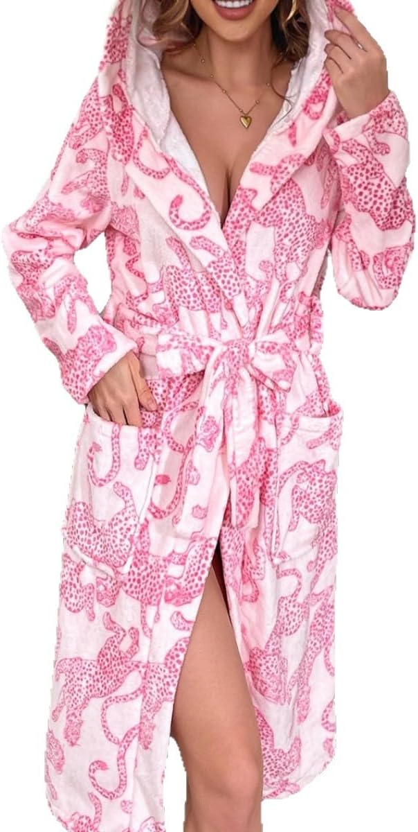 Women's Plush Hooded Robe with Leopard Print, Pink and Gray, Soft Fleece Bathrobe with Belt