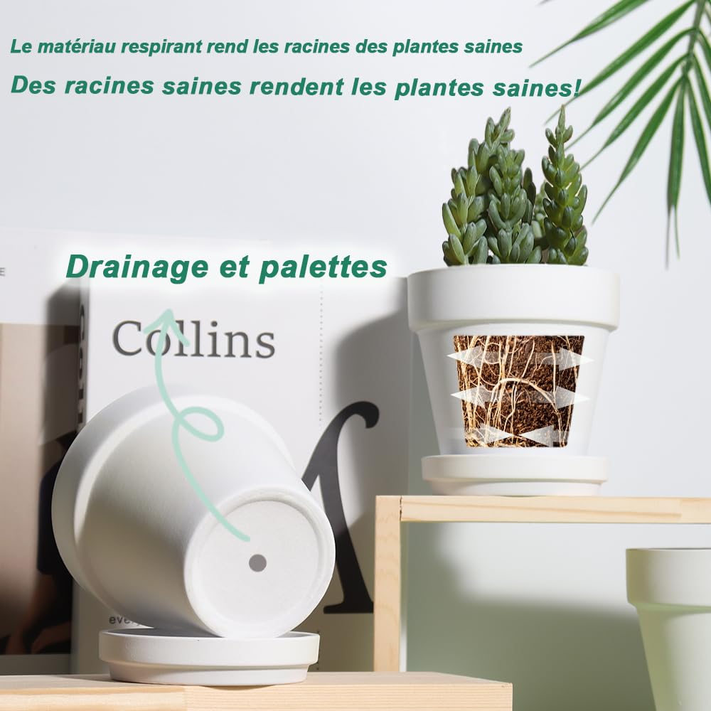 vensovo Lot de 6 Petits Pots de Fleurs en Terre Cuite avec Soucoupe pour Plantes d'intérieur et d'extérieur Blanc 10,16 cm