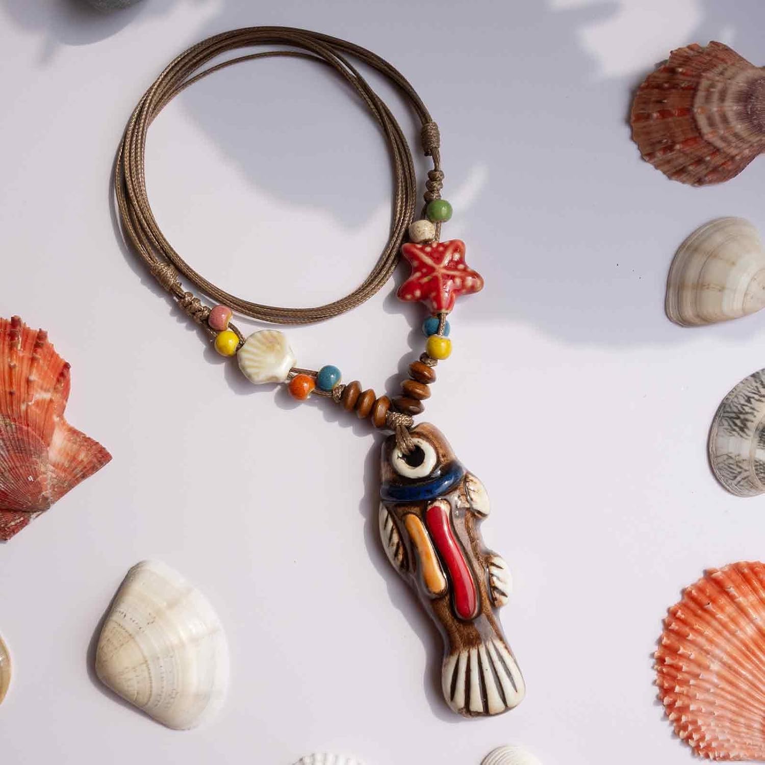 Boho Coastal Ceramic Fish Pendant Necklace, Adjustable Wood Beaded Strand Necklace for Women, Handmade Beach Jewelry Gifts for Her