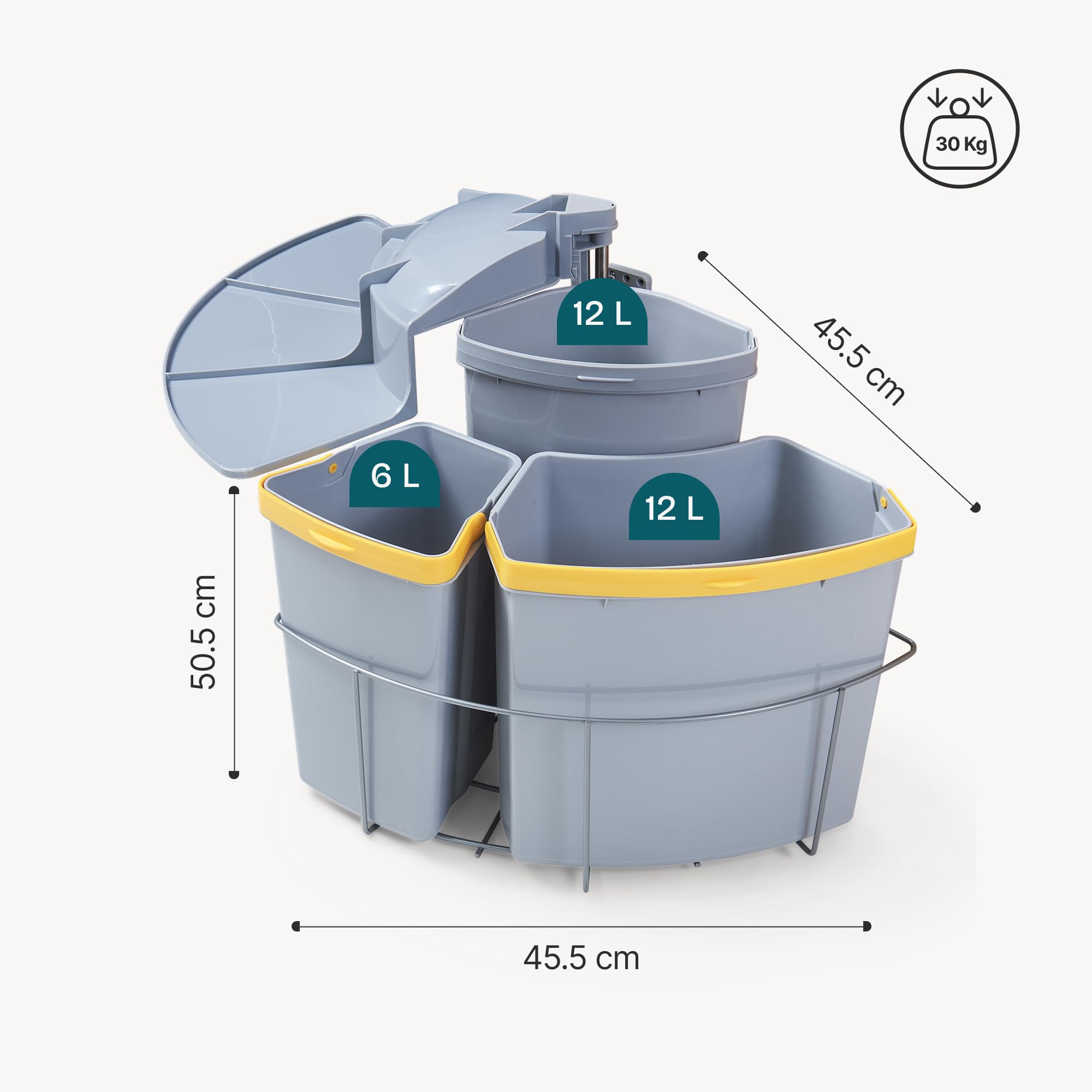 [en.casa] Einbau-Mülleimer Küche Kollby Mülltrennsystem 3fach für Unterschrank 50 cm breit 2 x 12L+1 x 6L Einbaumülleimer schwenkbar mit Deckel Grau
