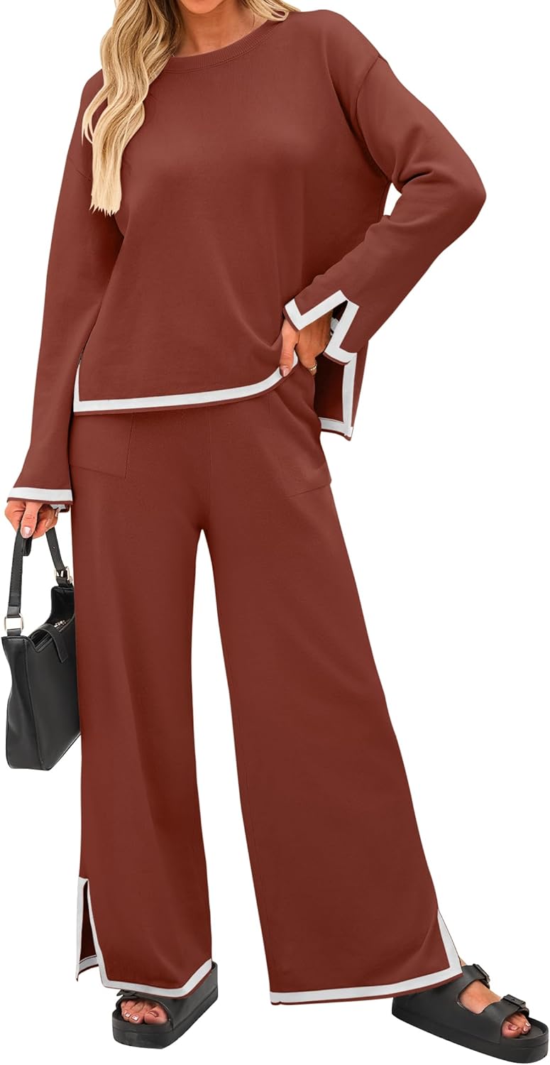 ZESICA Women's 2 Piece Outfits Set 2026 Casual Long Sleeve Knit Pullover Top and Wide Leg Pants Sweatsuit Lounge Sets