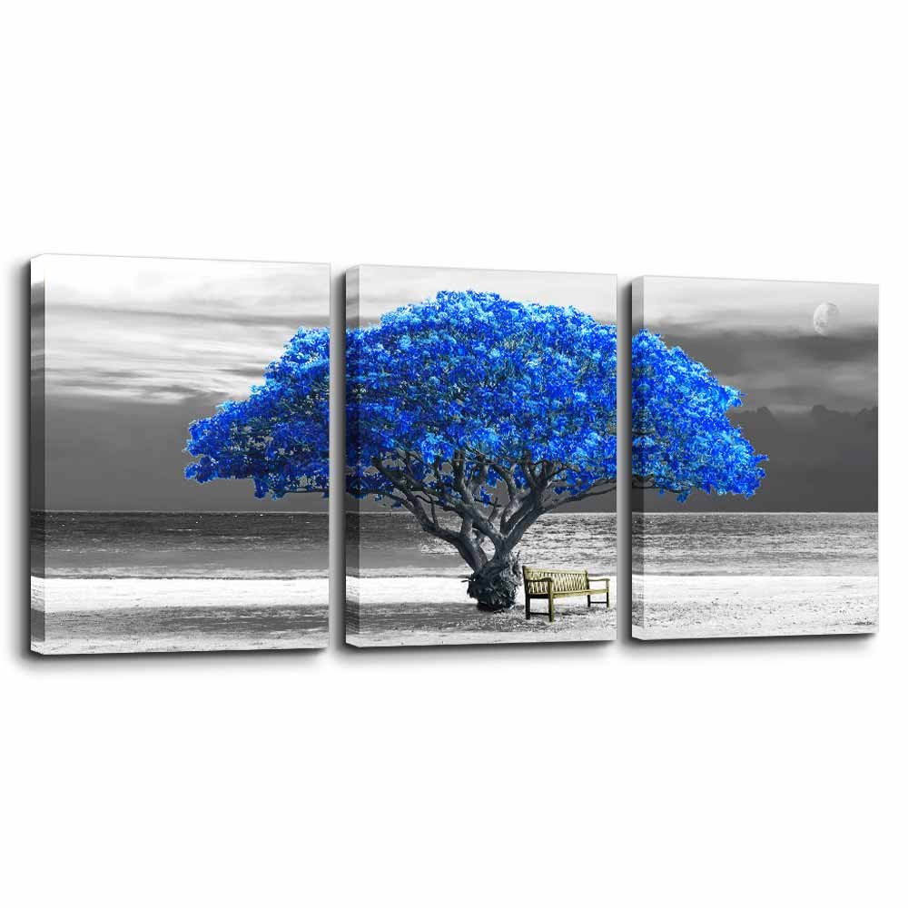 3 Panels wall art for living room Decorations Photo Prints - panoramic black and white with blue trees The moon scenery - Modern Home Decor room Stretched Framed Ready to Hang artwork 12"x16in*3 piece