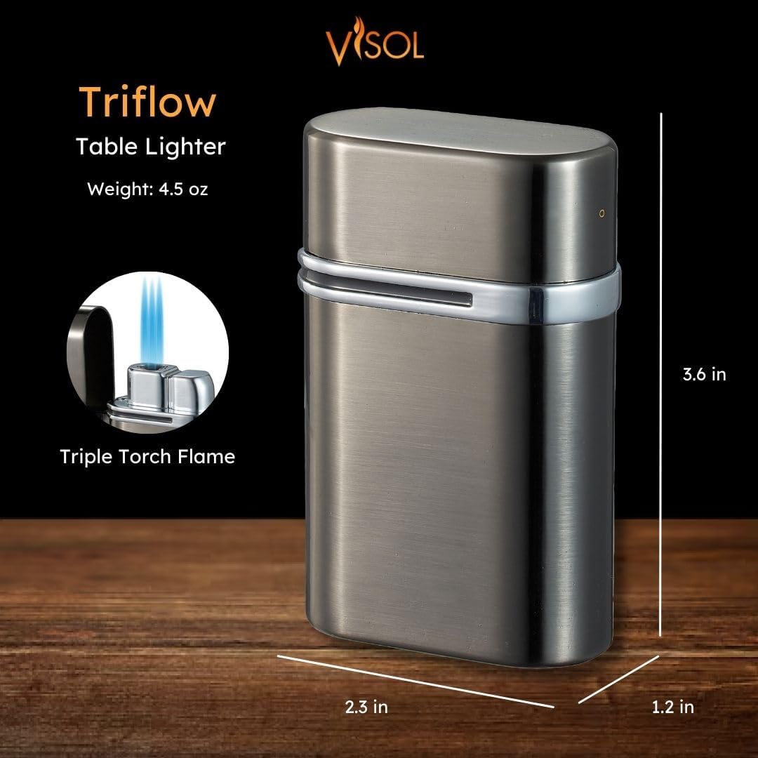 Personalized Visol Triflow Butane Torch Lighter Triple Flame Refillable Gas Lighter, Windproof Adjustable Flame Lighter - Gunmetal (Shipped Without Butane)