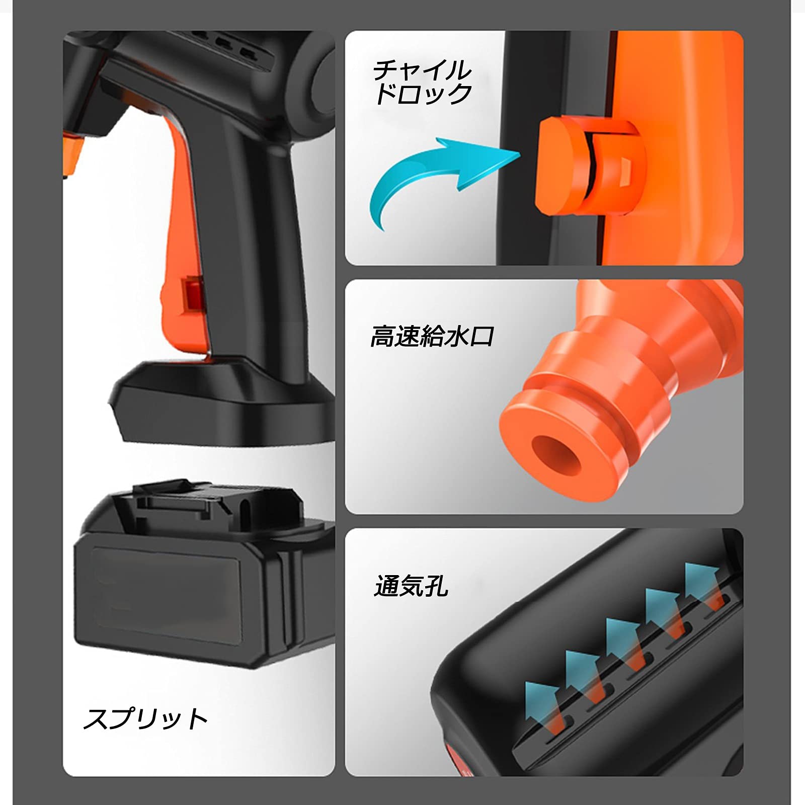 高圧洗浄機 コードレス 充電式 充電式高圧洗浄機 コードレス 軽量 直噴／拡散／泡3種ノズル付き 掃除