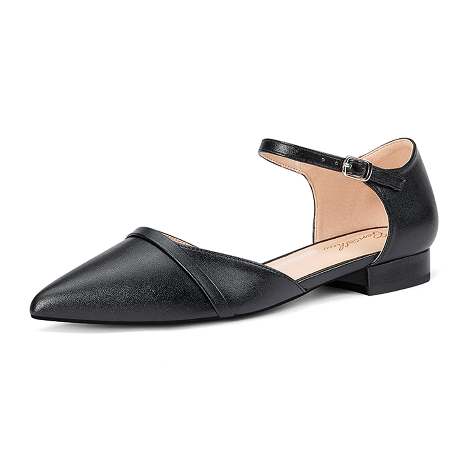 GENSHUO Flache Damenschuhe mit Knöchelriemen, Elegante Spitze Zehenpartie, Flache Schuhe Für Die Arbeit