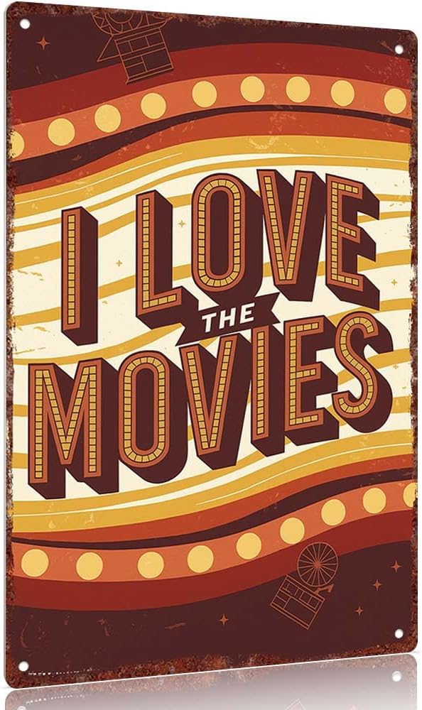 Vintage metal sign "Retro Movie Theater Sign I Love The Movies Wall Decor Aluminum Poster 12x8inch for Home Cinema Decor"