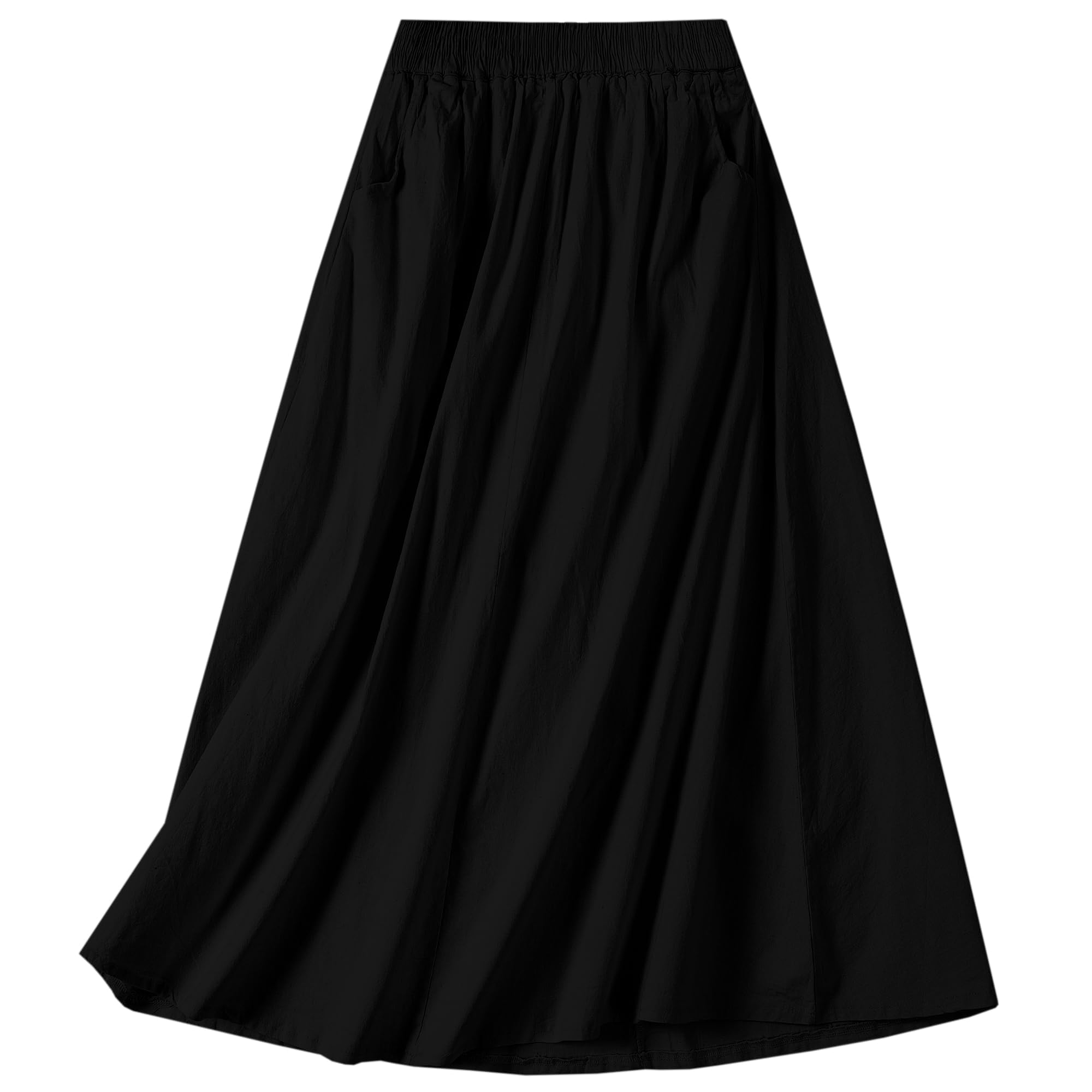 SANGTREE Womens Cotton Linen Midi Skirt with Pockets Casual Flowy Swing Elastic High Waist A-Line Long Boho Skirts