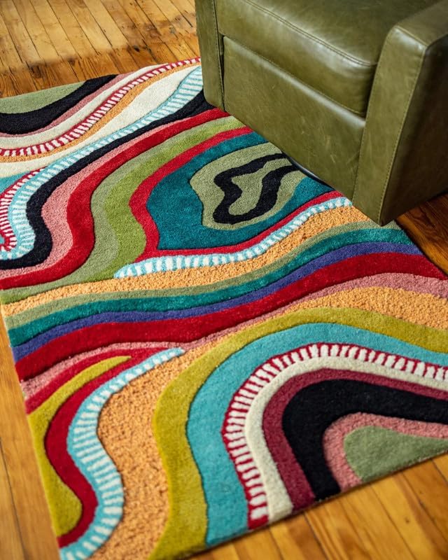 Modern Colorful Wave Abstract Area Rug Multicolor 9x12 ft | Hand Tufted Contemporary Living Room Carpet