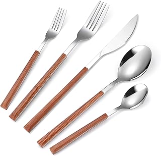 Silverware Set, 20 Piece Mirror Flatware Set Stainless Steel Eating Utensils With Wooden Effect Handle, A Complete Tableware Cutlery For Most Families,Knife Fork Spoon Service For 4 Dishwasher Safe