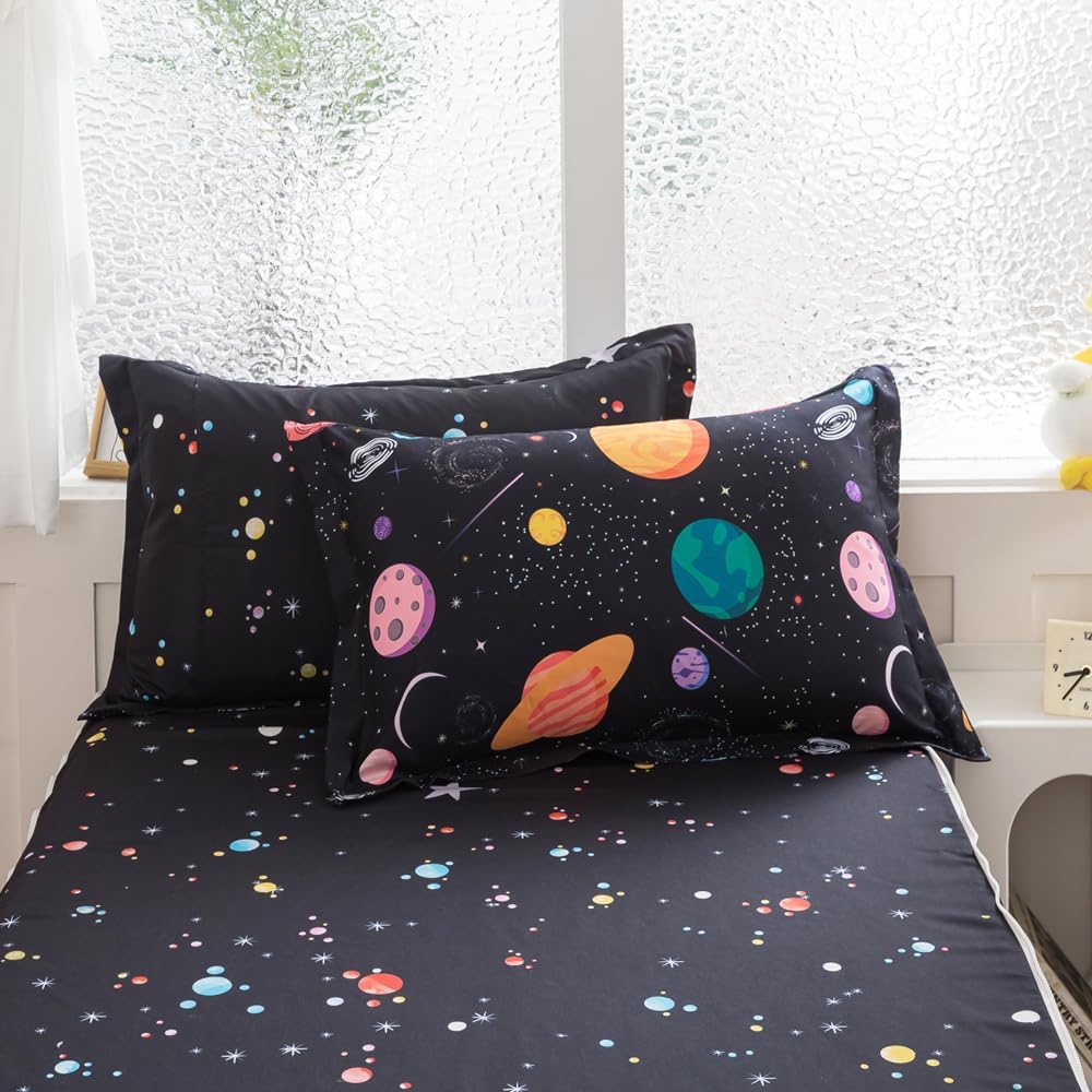 ADASMILE A & S Zipper Bedding Twin for Boys Kids Space Comforter Set Outer Space Galaxy Zip Up Bedding Universe Planets Bed in A Bag Comforter with Sheets All in One Zipper Bed Set Home Decor
