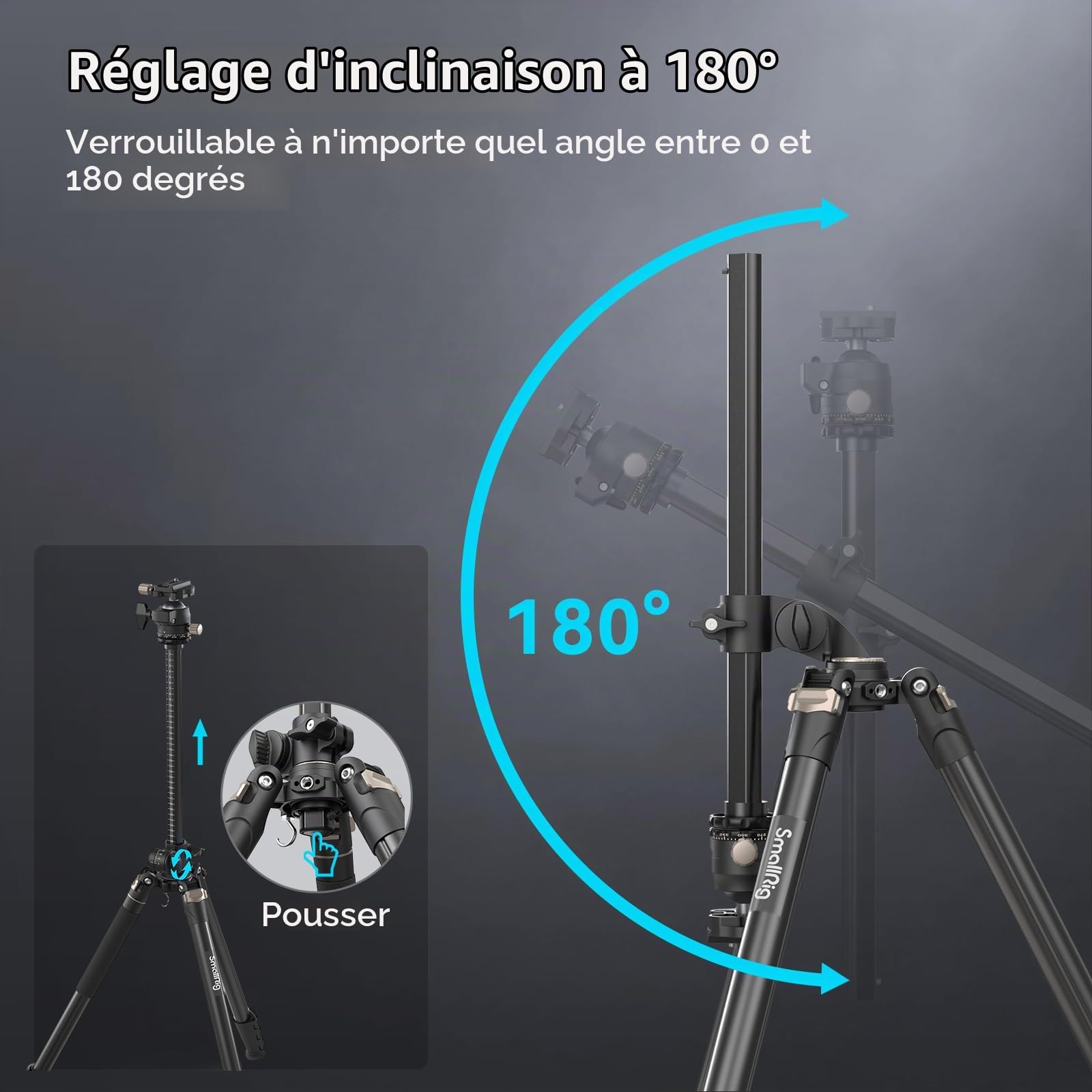 SMALLRIG CT200 Trépied Appareil Photo 185cm, Monopode Horizontal à Colonne Centrale de Rotation à 360°, avec Support pour Smartphone, Sac de Transport, Sac de Poids, 10 kg Charge Maximale - 4288