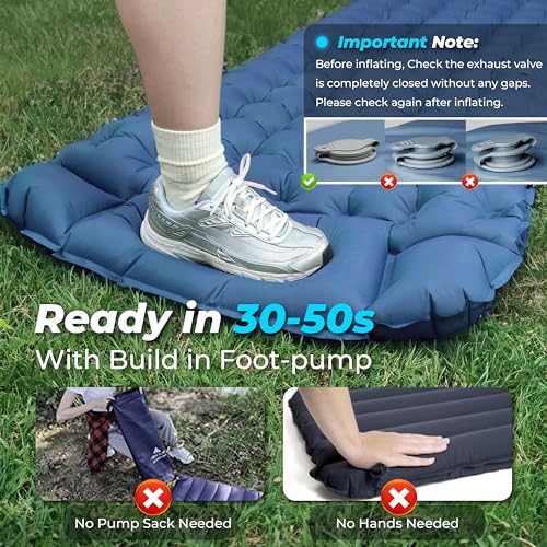 Calmcrest Sleeping Pad for Camping, Ultralight Inflatable Camping Mattress with Adjustable Pillow, Compact Sleeping Mat with Built-in Foot Pump, 4in Thick Comfort Air Mattress for Camping, Hiking-Blue