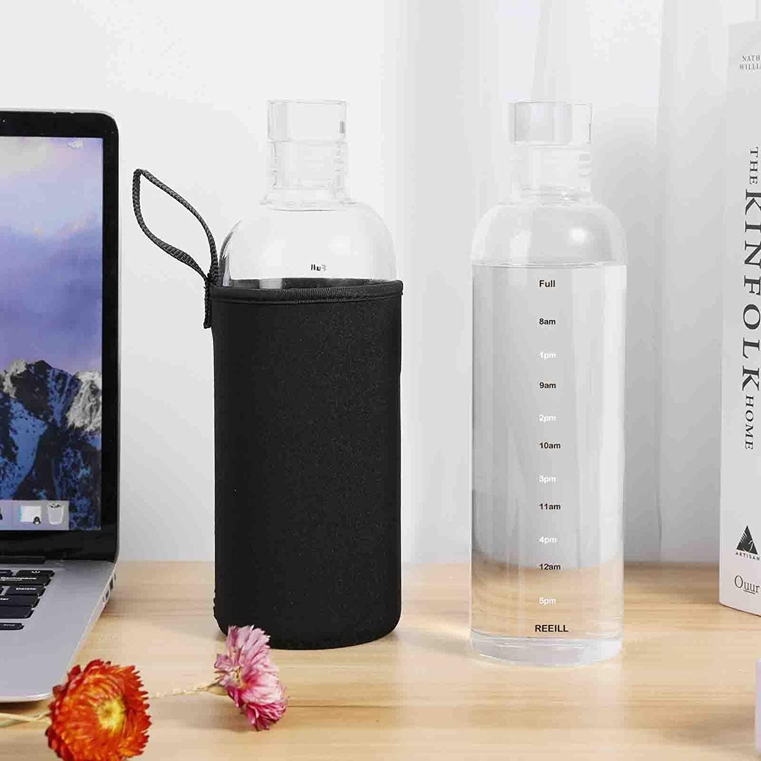 Snminetal Glass Water Bottles,With Time Marker， Non-slip Sleeve And Seal Lid, Drink Water Bottle 26oz，Suitable for office, Car, home, travel Hiking, fitness, as a gift, etc(750ML2PCS)