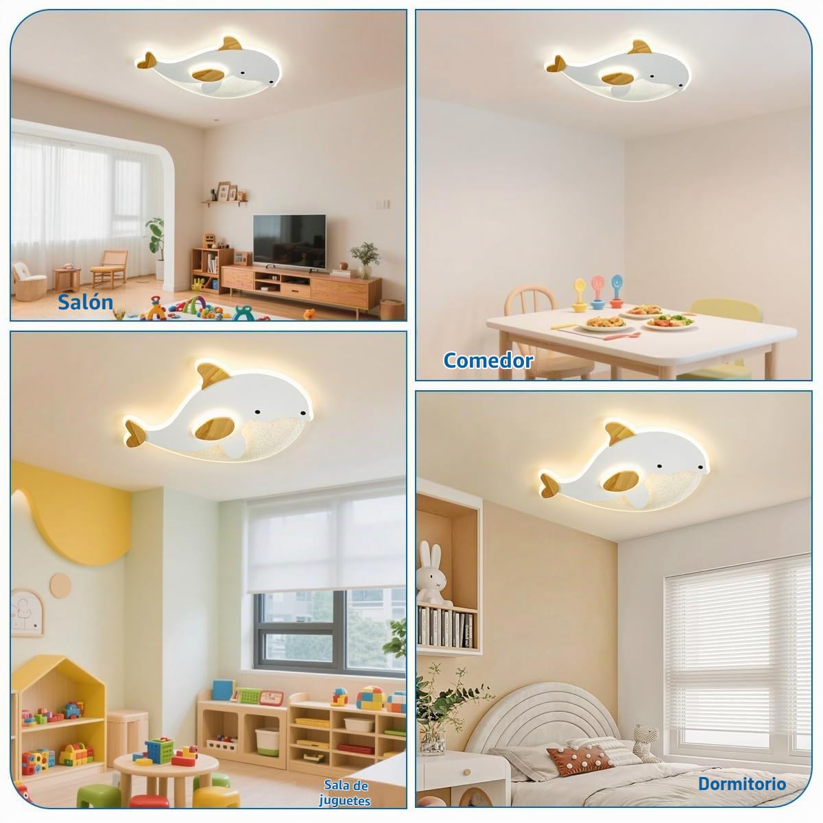 Lampara Techo Dormitorio Infantil,Forma DelfíN Plafon Led Techo Grano Blanco Y De Madera,Dimmable Con Control,28W Plafones Para Techo Led Para Cocina Decoracion Habitacion,50 * 34Cm