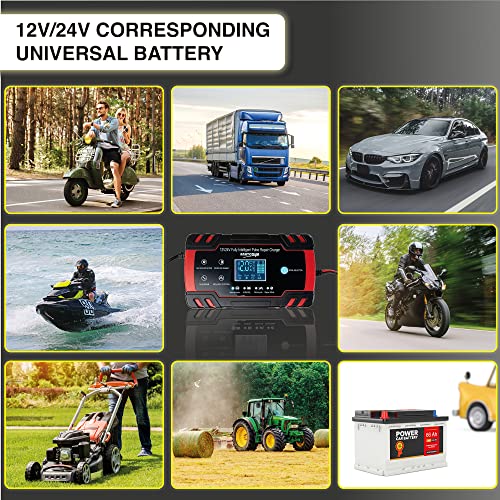 Yooya Car Battery Charger 8-Amp, 24V And 12V Battery Charger Automotive, Trickle Charger For Car Battery - Smart Fully Battery Maintainer With Temperature Compensation And Lcd Display #TOP5