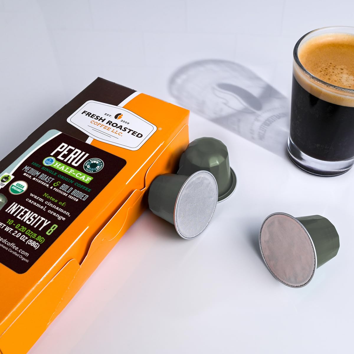 Fresh Roasted Coffee, USDA Organic Peru WP Half-Caf Espresso Pods for Nespresso OriginalLine | 3rd Party Tested for Pesticides, Mold, Mycotoxins | Kosher | 60 Recyclable Aluminum Capsules