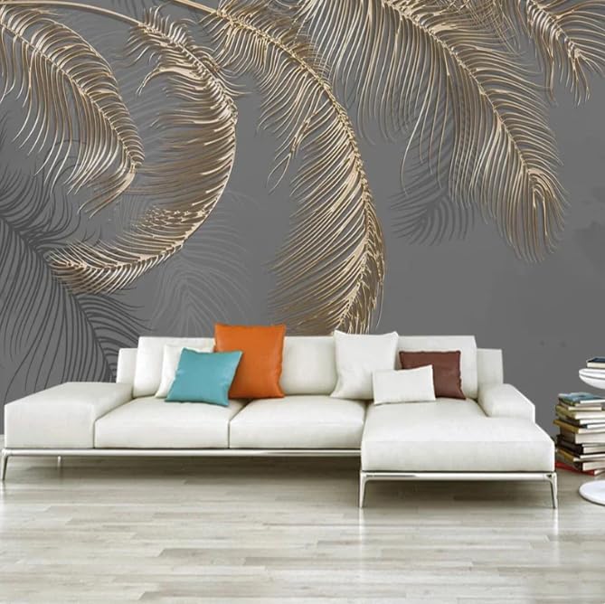 Papier peint 3D plume dorée relief pour agrandir le salon et le bureau