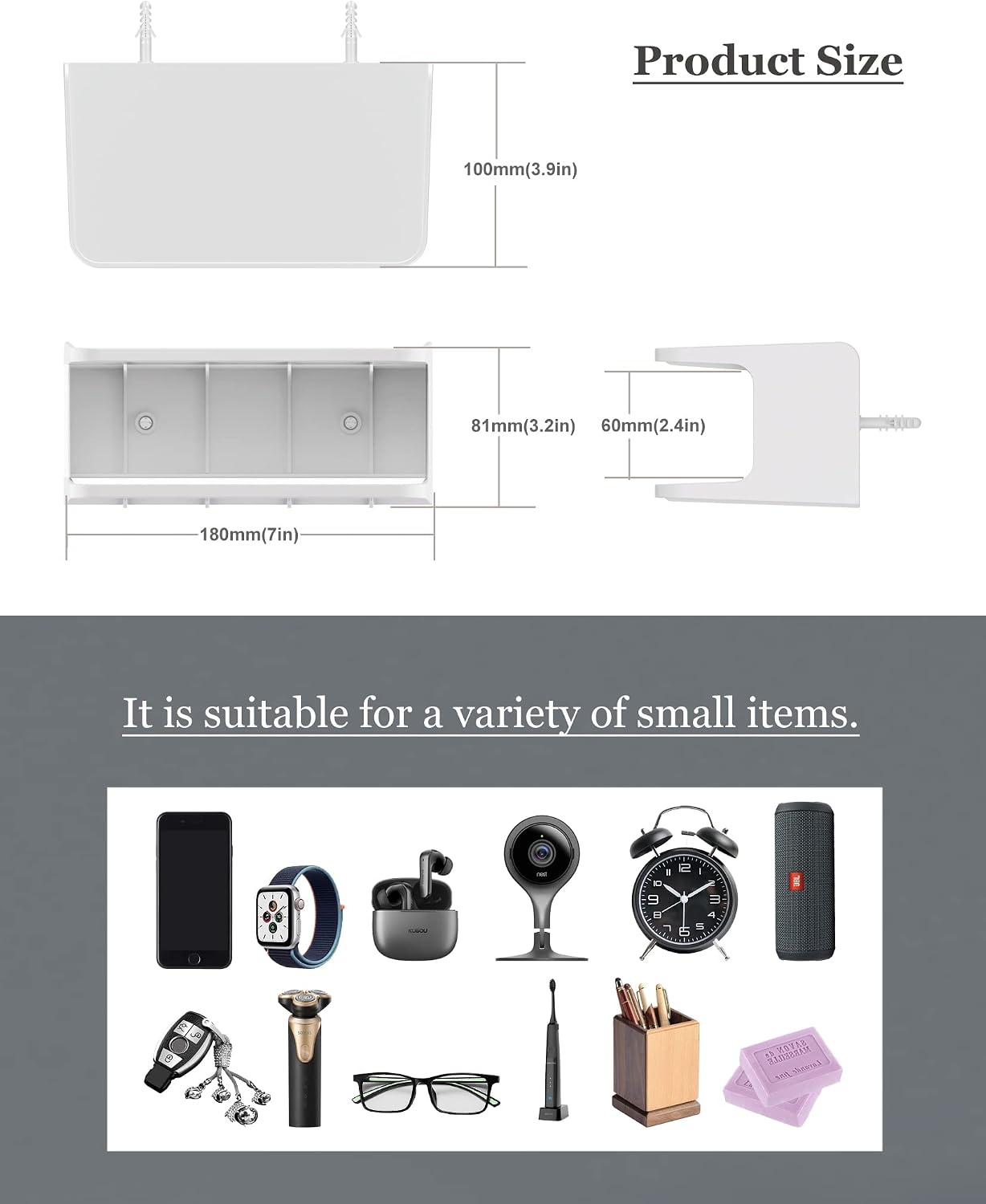 Bedside Wall Shelf Organizer, Small Bedside Shelf, (White) image 3