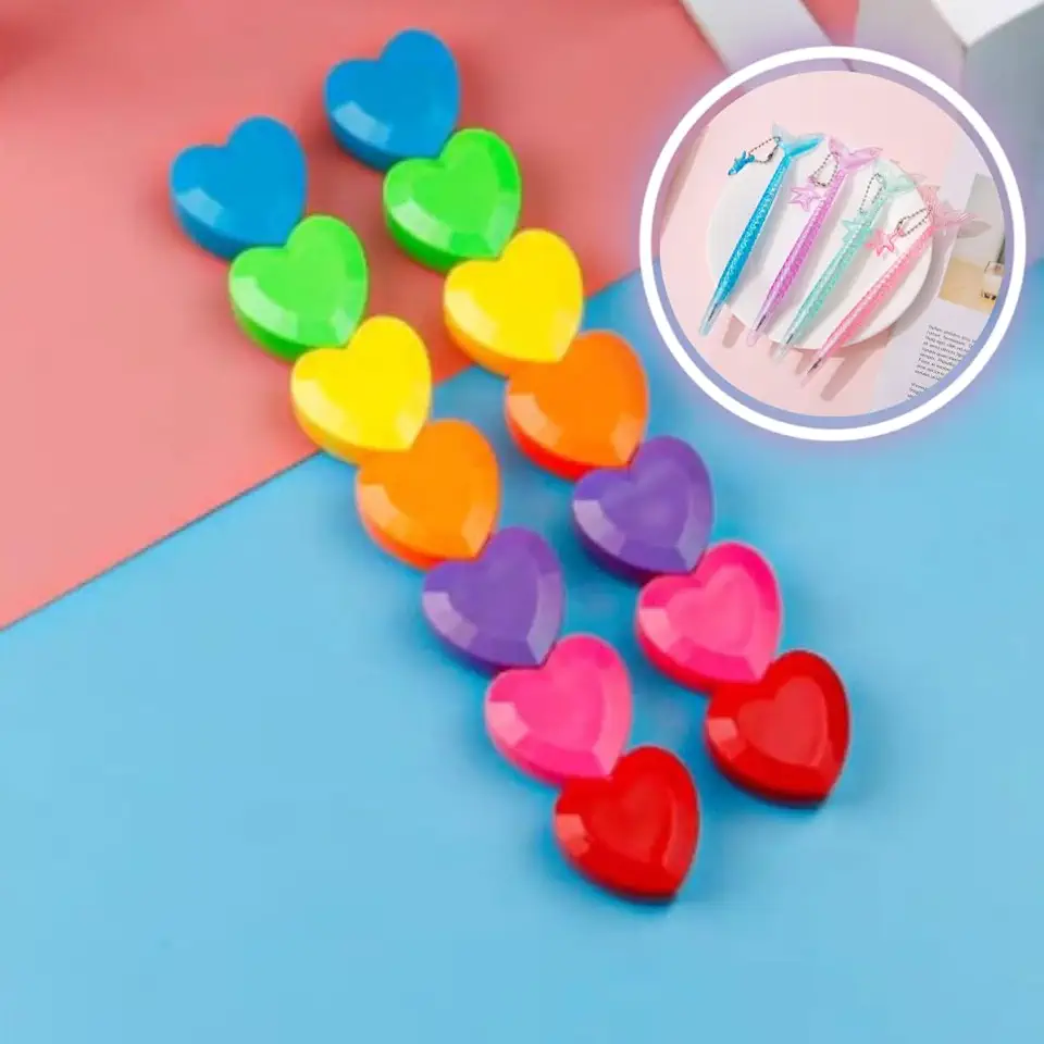 Marca Texto Coração com Caneta Fofa (7 pecas)- Kawaii - (multicolorida)