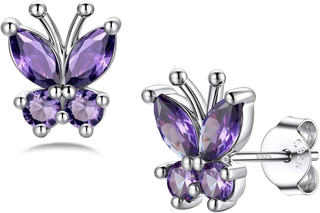 Silvora Birthstone Earrings for Women, 925 Sterling Silver Butterfly Stud, Small Butterfly Earrings Birthstone Jewelry