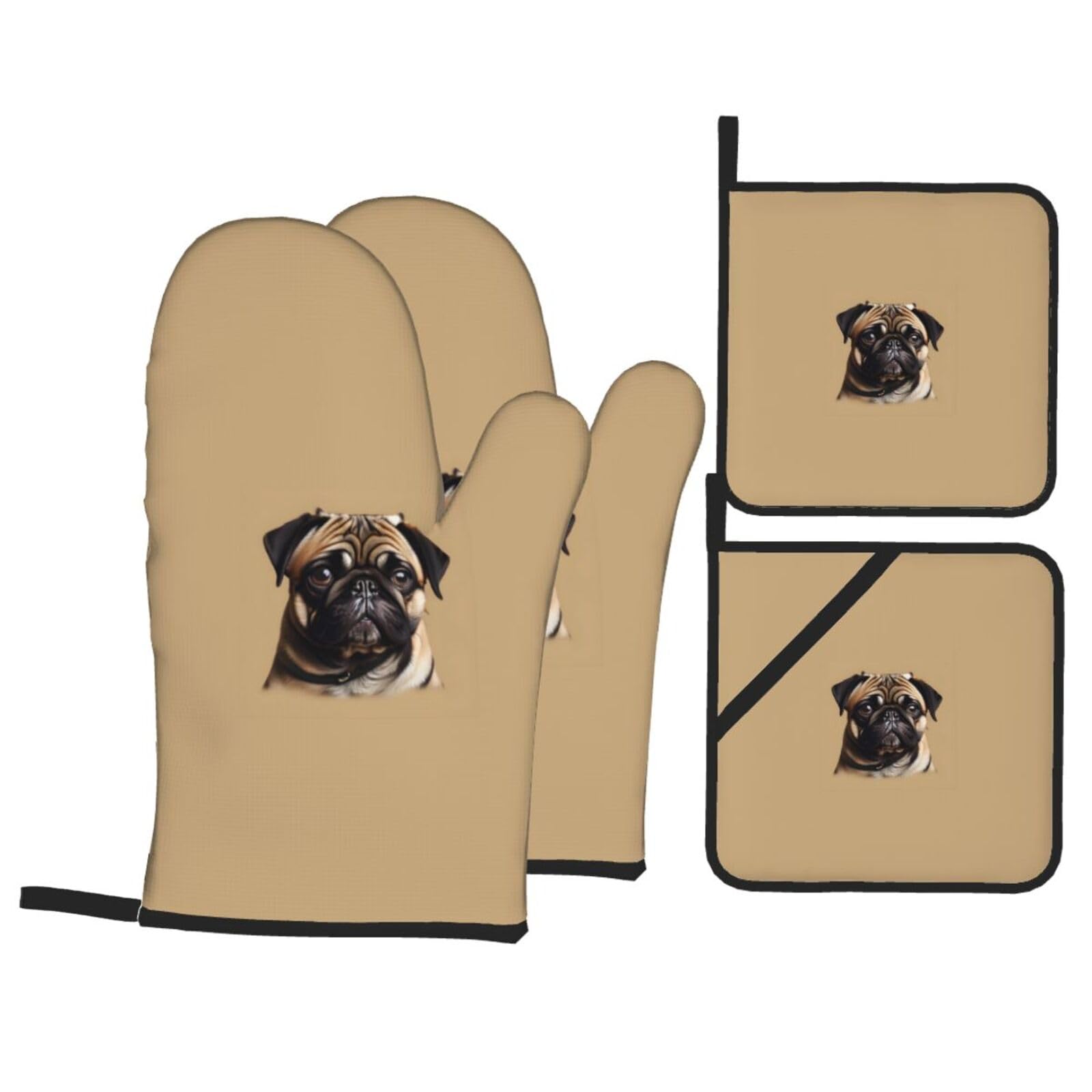 Pug Dogs Print 4-Piece Heat-Resistant Oven Waterproof Kitchen Gloves Cooking Roasting Essential