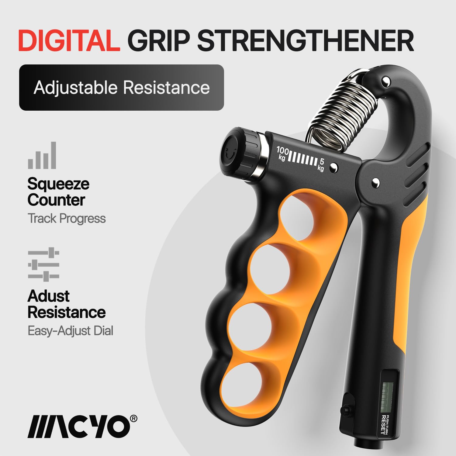 MACYO Grip Strength Trainer, Hand Grip Strengthener with Adjustable Resistance 11-220Lbs(5-100KG), Automatic Counter, Ergonomic Design, Forearm Strengthener for Musicians Athletes and Injury Recovery (Orange)