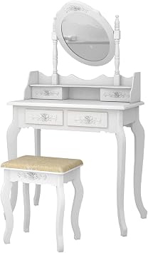 Vanity Table Set, Makeup Dressing Table with Oval Mirror, Cushioned Stool, 4 Drawers, White Wood, Style 1