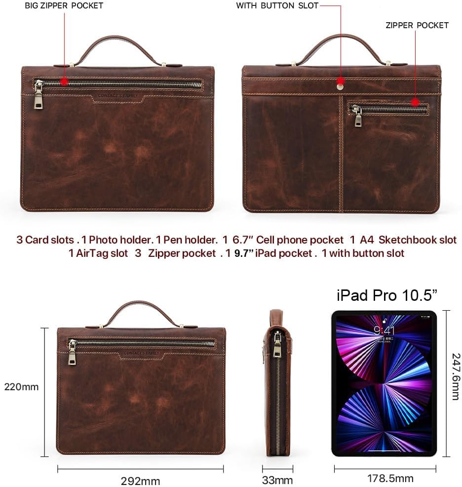 Leather Padfolio for iPad 10.5 Inch, Professional Padfolio Folio Portfolio with AirTag Organizer, Zipper Folio for Men Women, Genuine Leather Binder Business Resume Legal Pad Notebook for A4/Pad