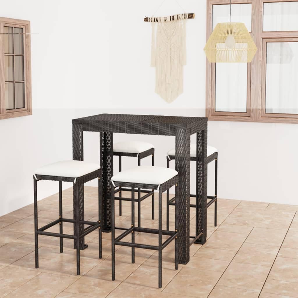 5 Piece Garden Bar Set Black with Cushions, PE Rattan and Powder-Coated Steel Frame, Durable Outdoor Furniture for Patio, Weather-Resistant Polyester Seating, Modern Square