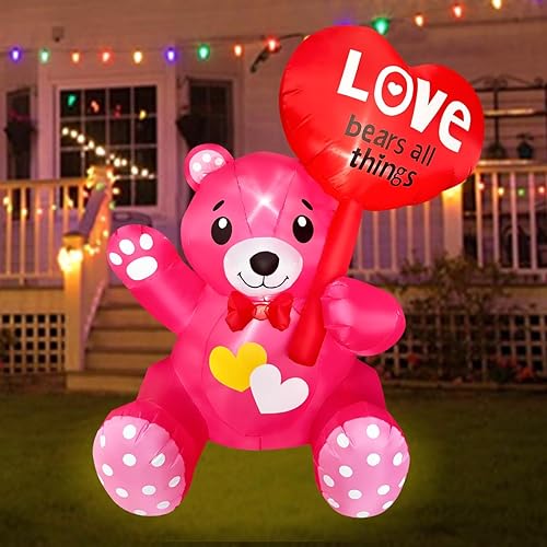 SEASONBLOW Oso inflable de 4 pies con corazón iluminado por LED, decoración para patio, césped, jardín, hogar, fiesta, interior y exterior,