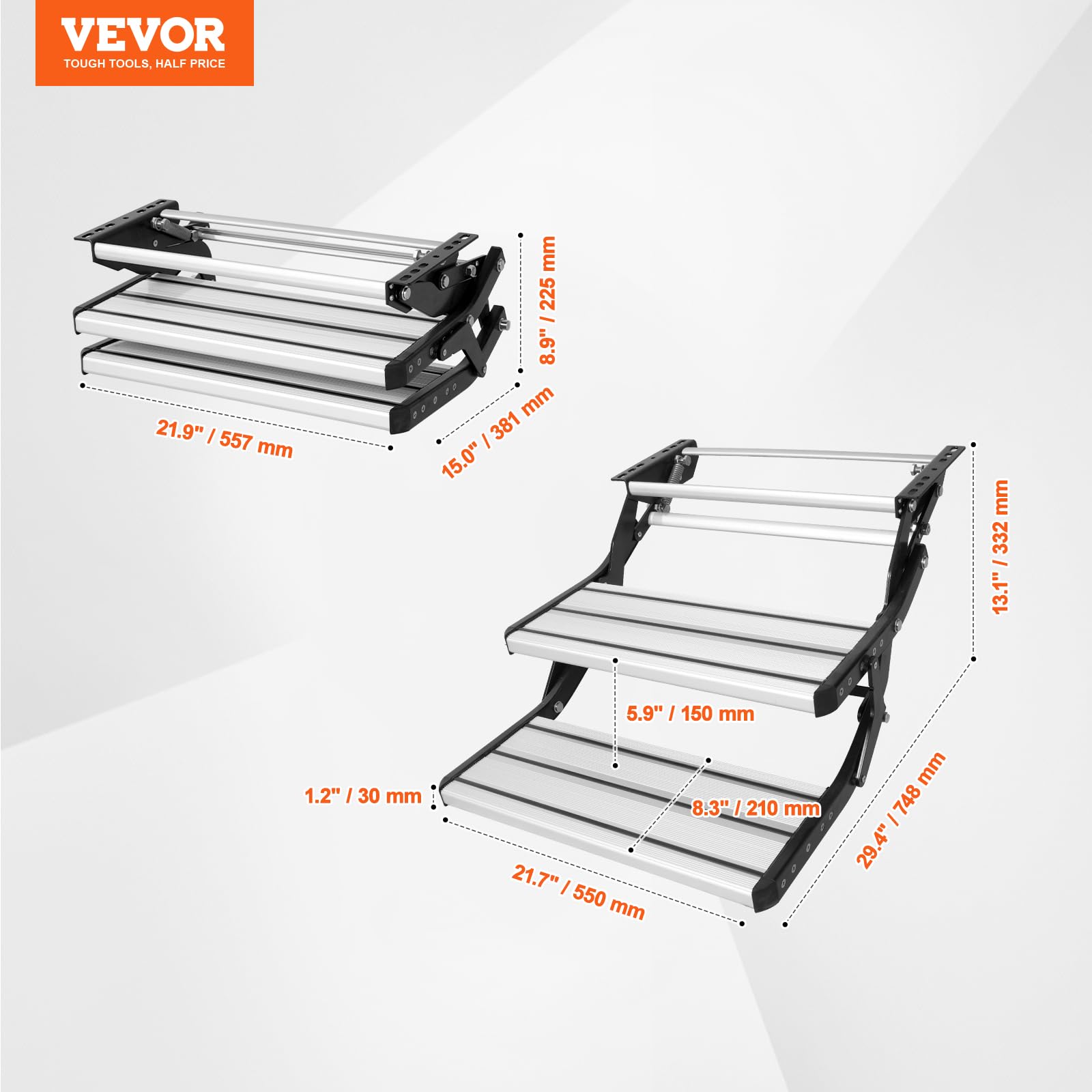 VEVOR Escalera para Vehículo Recreativo de 2 Escalones Carga de 199,58 kg Escaleras Retráctiles Manuales Antideslizantes de aleación de Aluminio, para Vehículos Recreativos, Remolques, Autocaravanas
